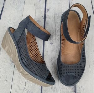 CLARKS | Reedly Salene perforated leather peep toe maryjane wedge heel sandals